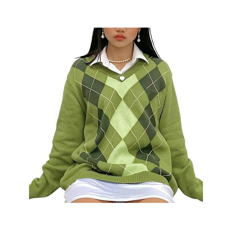 Binpure Women Color Block Sweater Argyle Print Long Sleeve V-neck Knitwear  