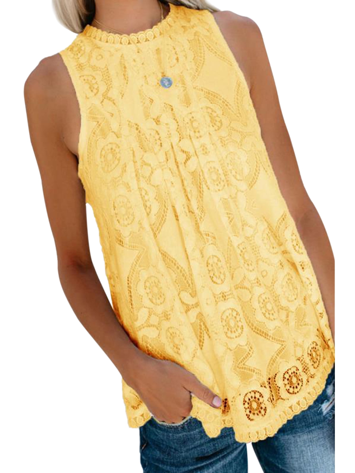 Niuer Sleeveless Crew Neck Tank Top Blouse for Summer Women Lace