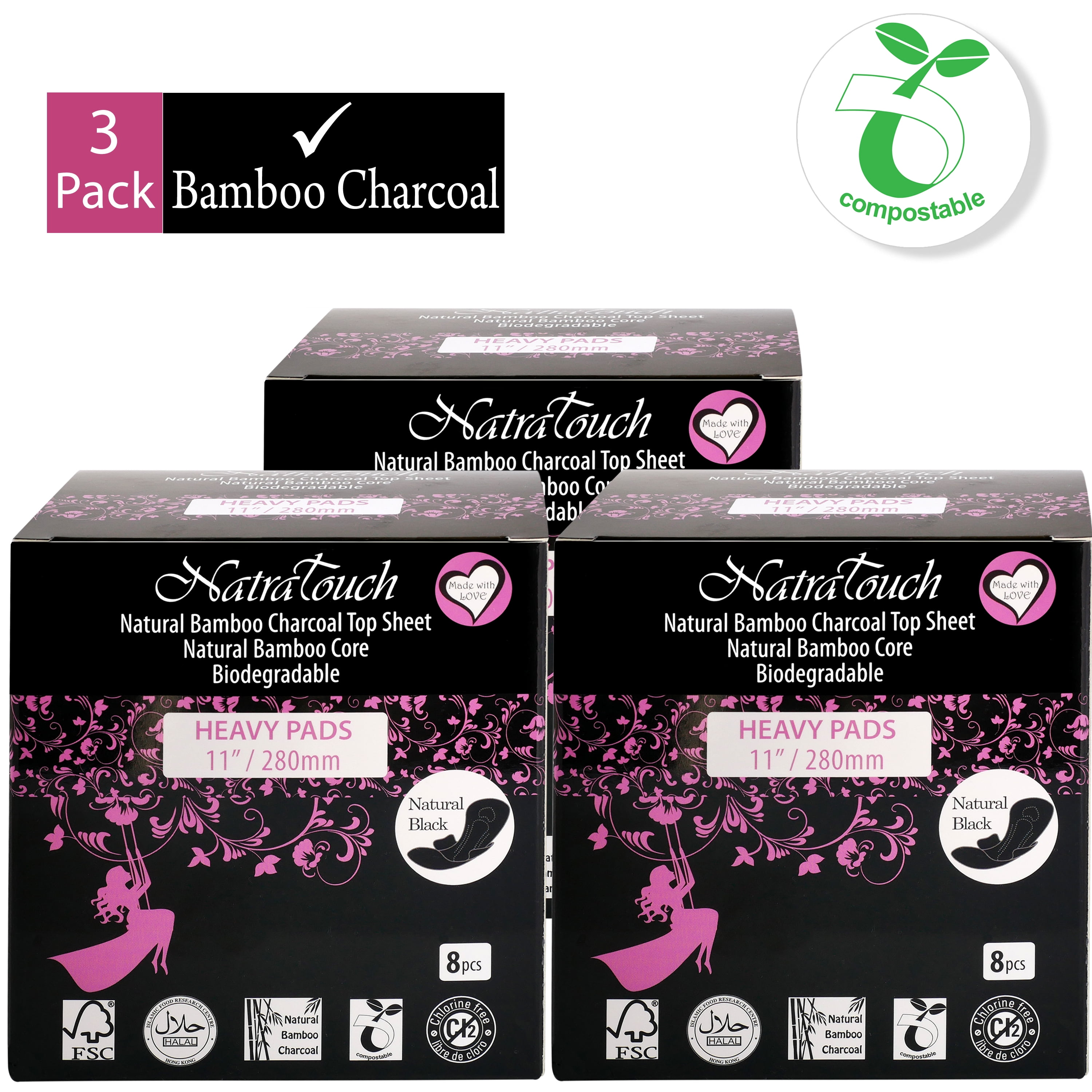NATRATOUCH ~ COMPOSTABLE ~ NATURAL BAMBOO CHARCOAL SANITARY PADS (HEAVY FLOW - 3 Pack total 24 Pads)