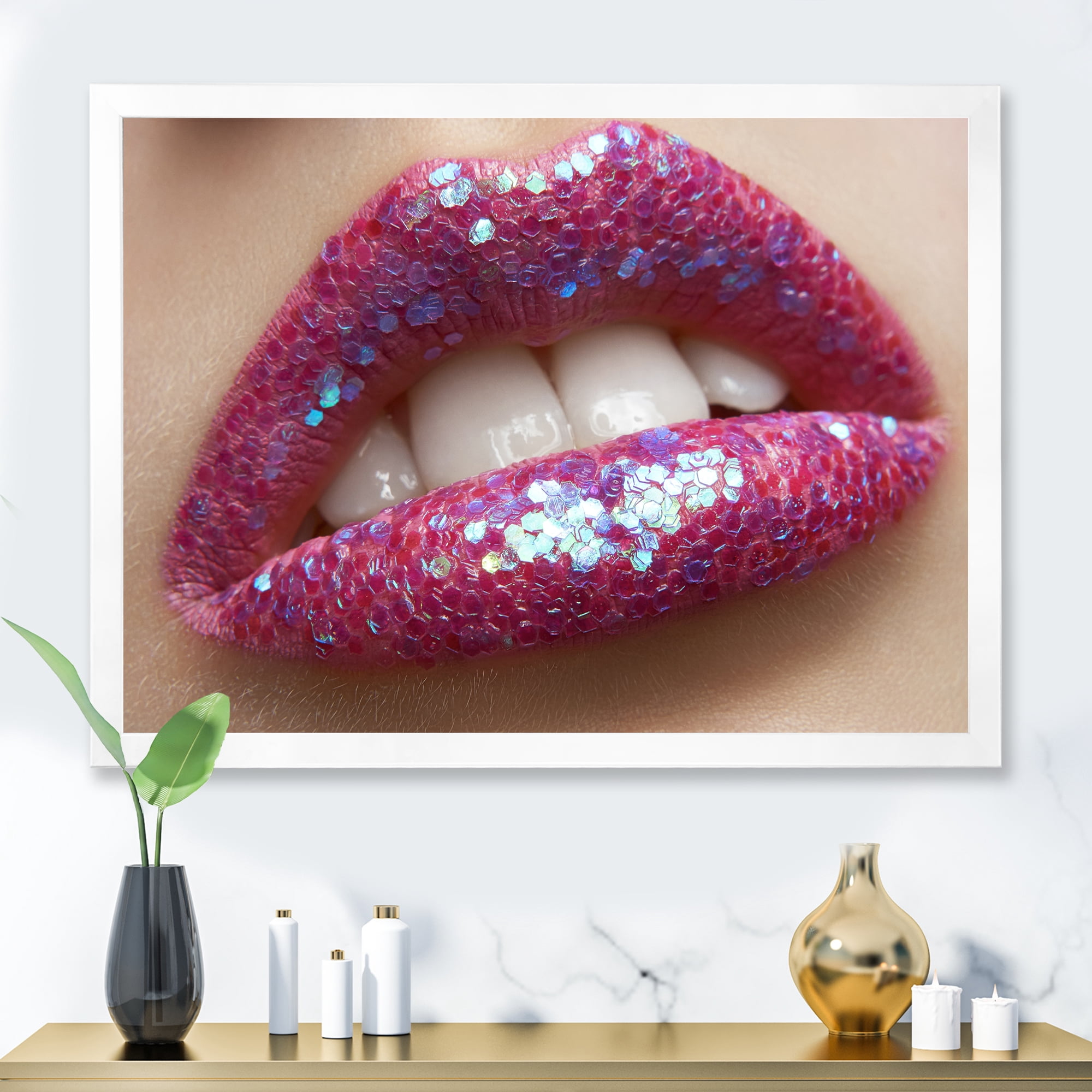 Designart 'Girl Lips Pink Lipstick and Sequins' Modern Framed Art Print
