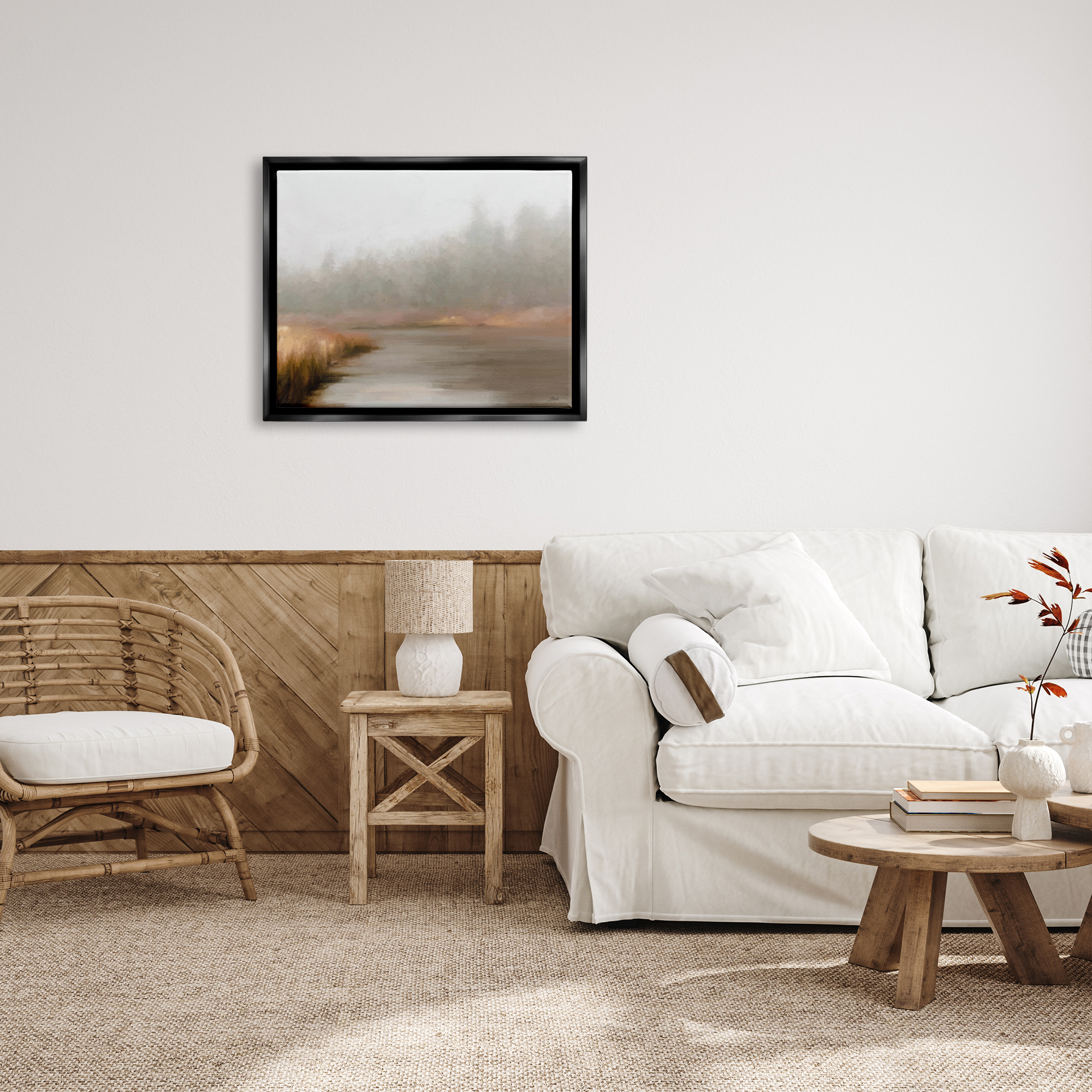 Stupell Industries Rural Stream in Fog Nature Painting Black Floater Framed Art Print Wall Art, 31 x 25