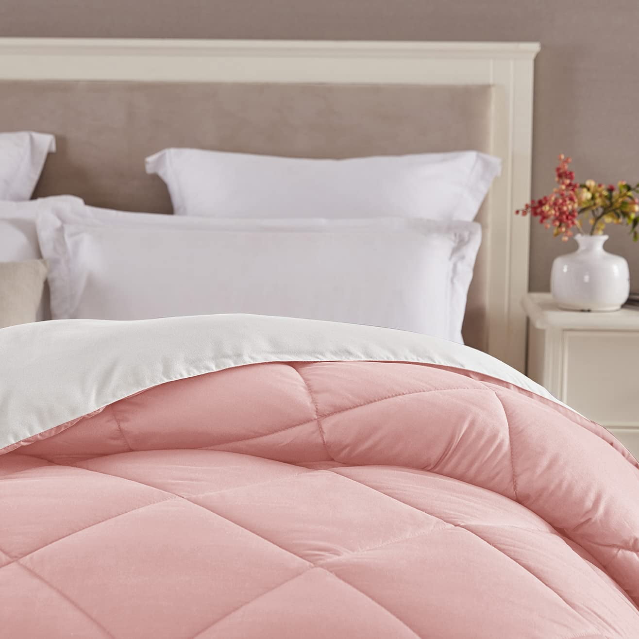 Seward Park Reversible Comforter Lightweight Microfiber Fill Cooling Summer Twin XL Size College Dorm Pink/White