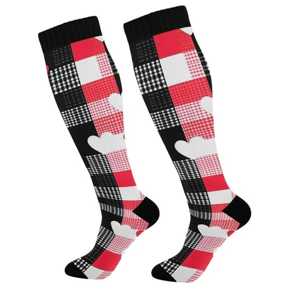 joogoo Heart on Checkered Grid Pattern Compression Socks Women Men Knee High Sock