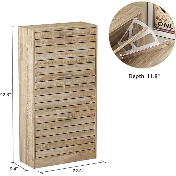 Wood Shoe Cabinet with 3 Flip Drawers for Entryway, Narrow Shoe Storage Cabinet with 3 Flip Drawer, Freestanding 3-Tier Shoe Cabinet, Hidden Shoe Rack Cabinet for Entryway & Hallway