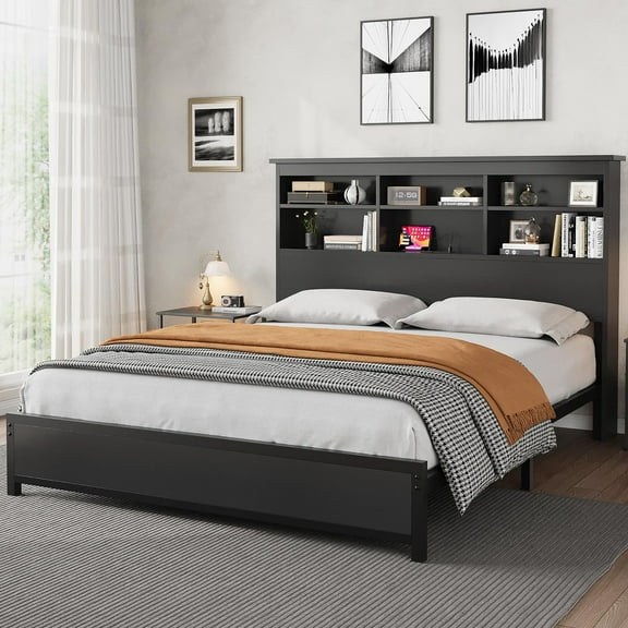Full Size Bed Frame with Bookcase Headboard, 2-Tier Storage Full Platform Bed with Charging Station, No Box Spring Needed Black Mattress Foundation