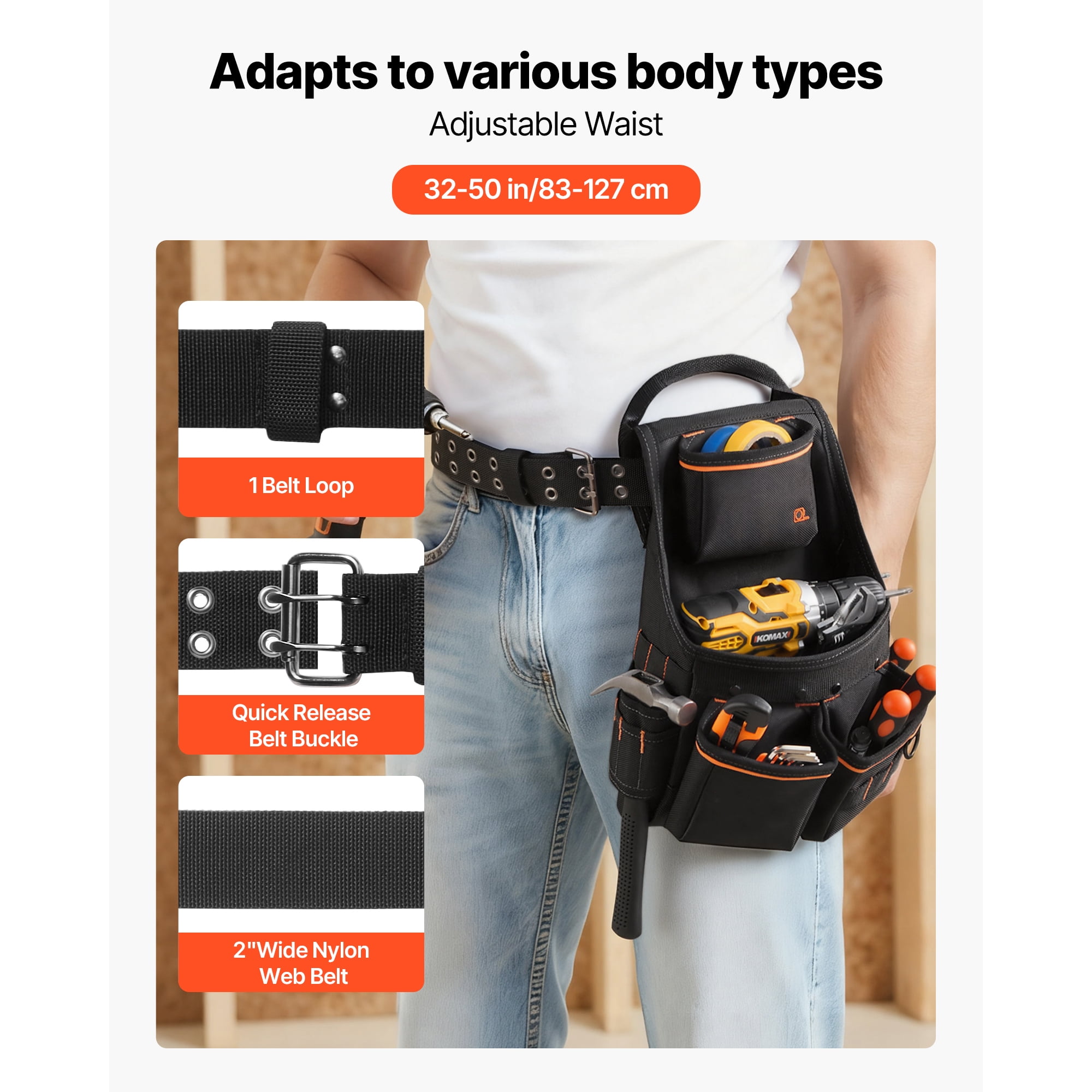 KFFKFF Tool Pouch with Belt, 14-Pocket Professional Utility Belt for Men, Durable Adjustable Work Bag for Electricians, Carpenters, and Construction, Fits Waist Sizes 32 to 50 Inches