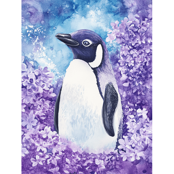 Purple Lilac Penguin Watercolor Painting/Canvas Art, Suitable for Living Room, Bedroom, Bathroom, Office, and Hallway Decoration.
