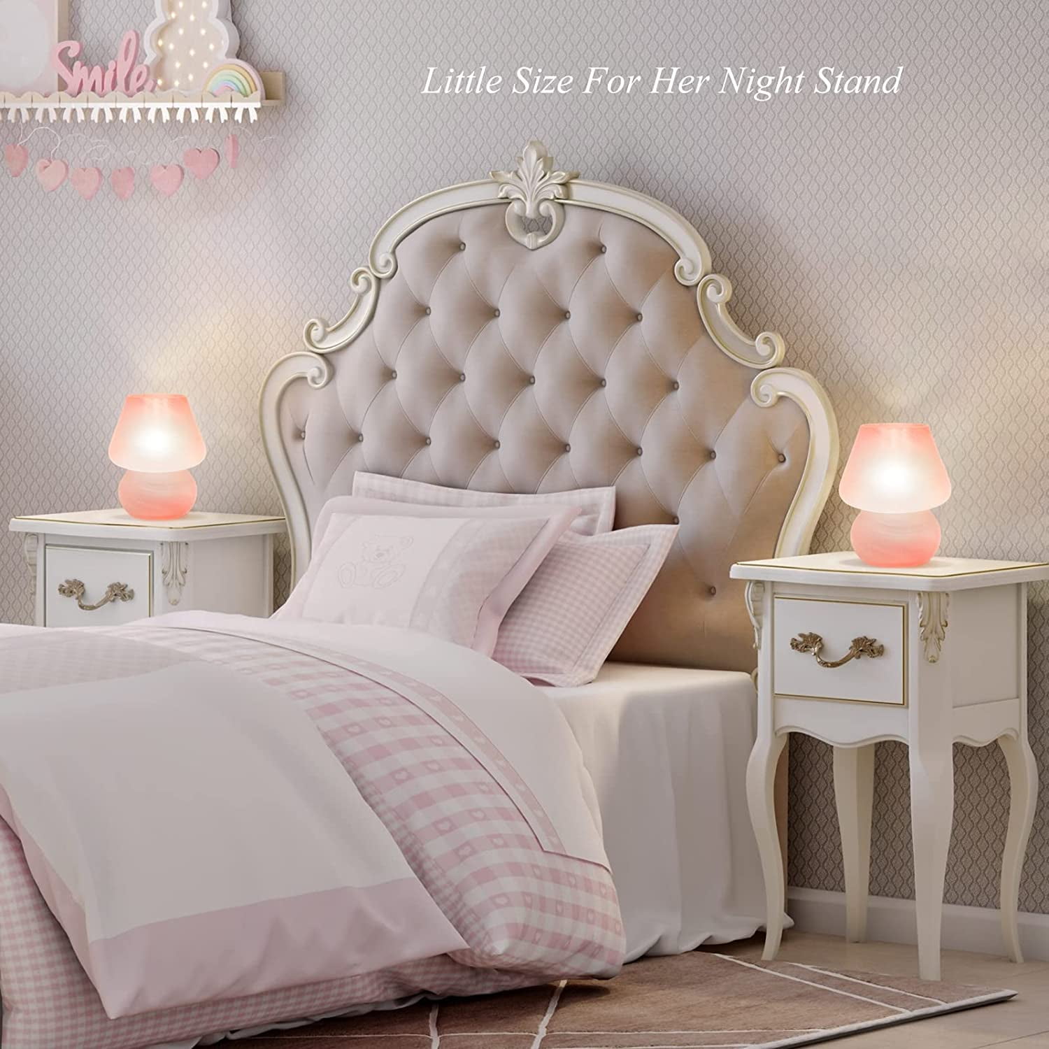 Mushroom Table Lamps Set of 2, Dimmable Glass Bedside Lamp, Cute Small Nightstand Lamp for Living Room, Bedroom, Home Decor, 7.1'' H, Pink