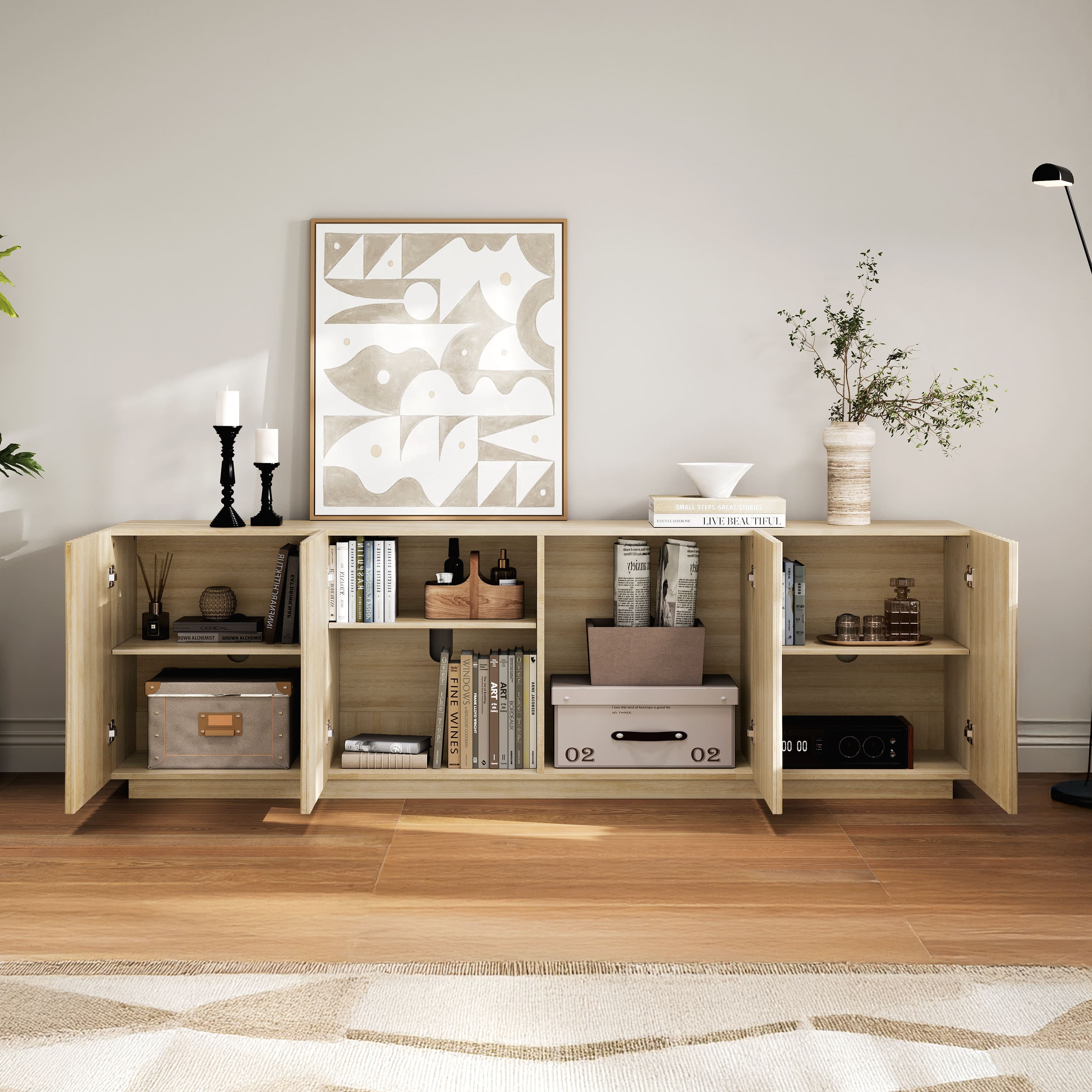 CHIC HOUSE 70" Fluted TV Stand for TVs up to 75", Mid-Century Modern Tall Media Cabinet with 4 Doors & Shelves, Wave-Inspired Wooden TV Console for Living Room, Bedroom, Oak