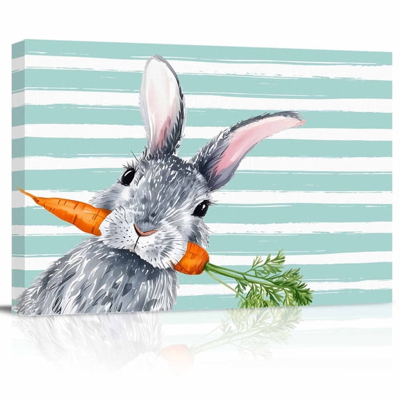 Easter Bunny Canvas Print Wall Art Watercolor Rabbit Rustic Farmhouse Carrot Green Stripes Pictures Painting Morden Artwork for Living Room Bedroom, Ready to Hang - 12"x16"