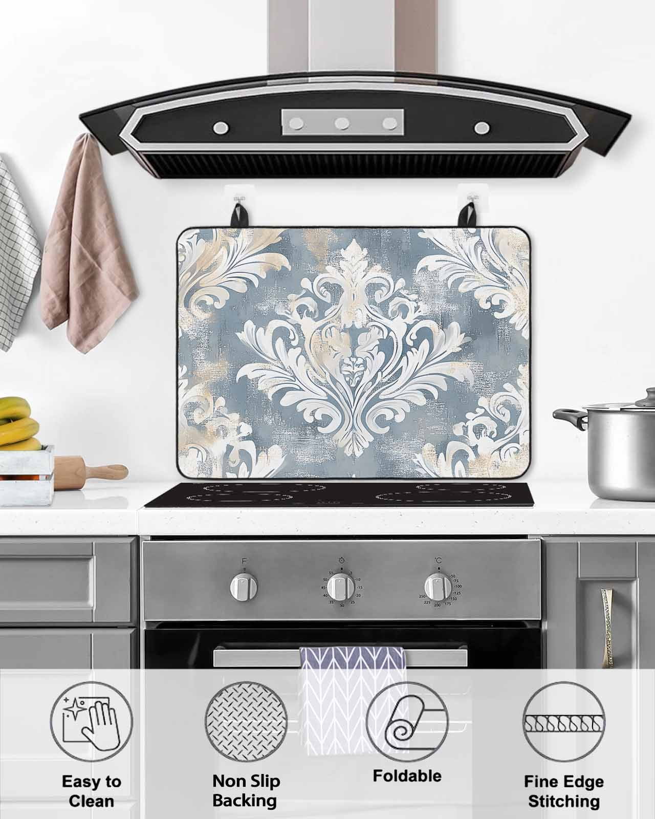 nqOlkjepod Large Induction Cooktop Protector Mat 24"x21", White Beige Floral Stove Top Covers for Electric Stove, Vintage Flower Abstract Art Stove Burner Cover Mats, Glass Top Stove Cover