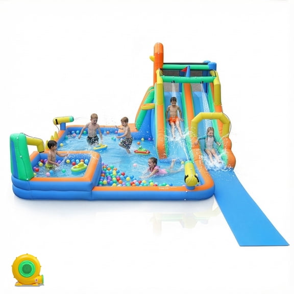 Ktaxon 8-in-1 Inflatable Water Slide Bounce House with Blower, Dual Slides Water Park, Wading Pool & Water Dump Bucket for Kids Backyard