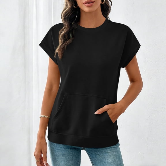 Tauxra Short Sleeve Sweatshirt for Women with Pocket, Casual Fleece Pullover with Batwing Sleeves for Lounges and Daily Wear