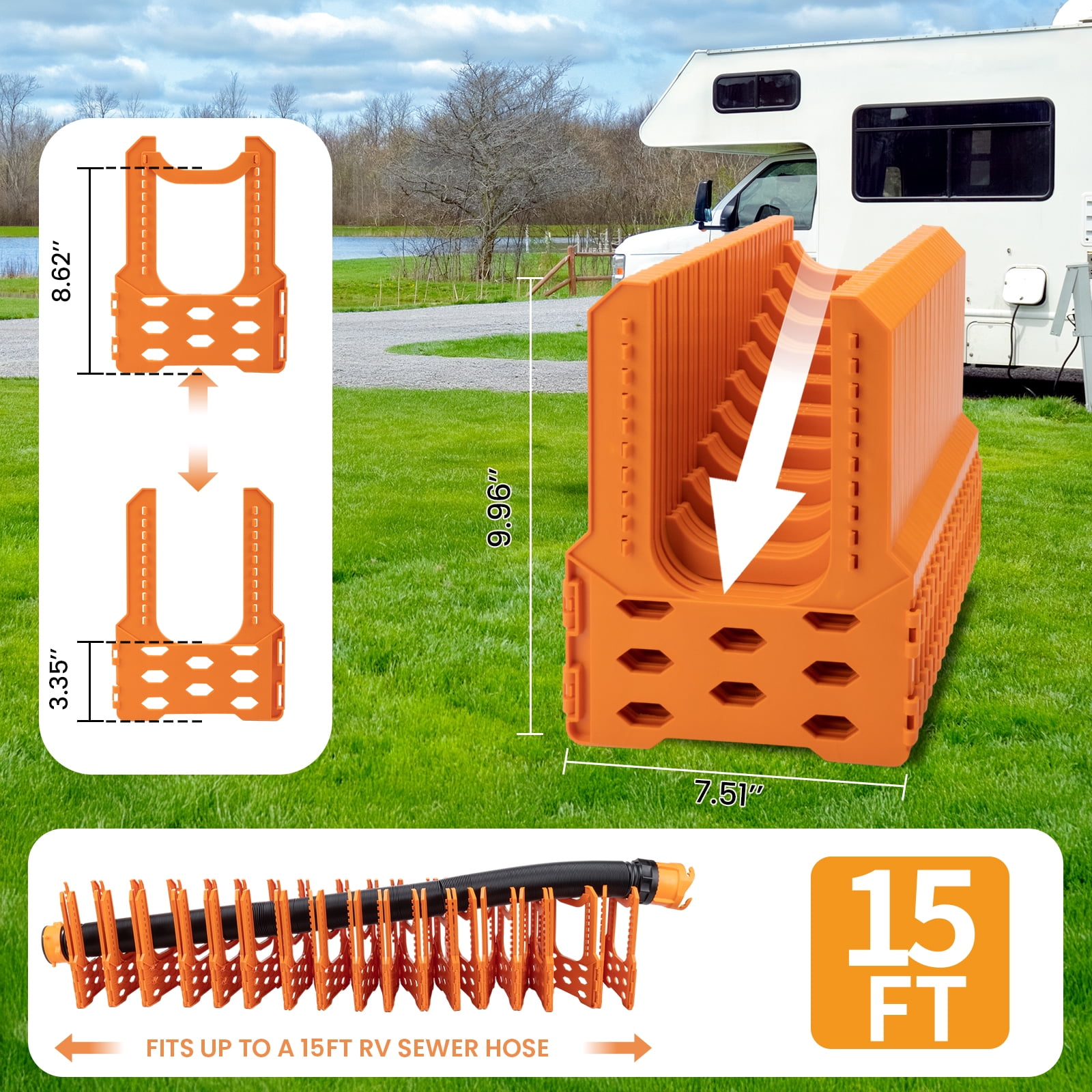 RV Sewer Hose Support, 15FT Adjustable RV Hose Support Holder Camper Sewer Hose Support for Fast & Secure Dumping with carrying Strap, Orange