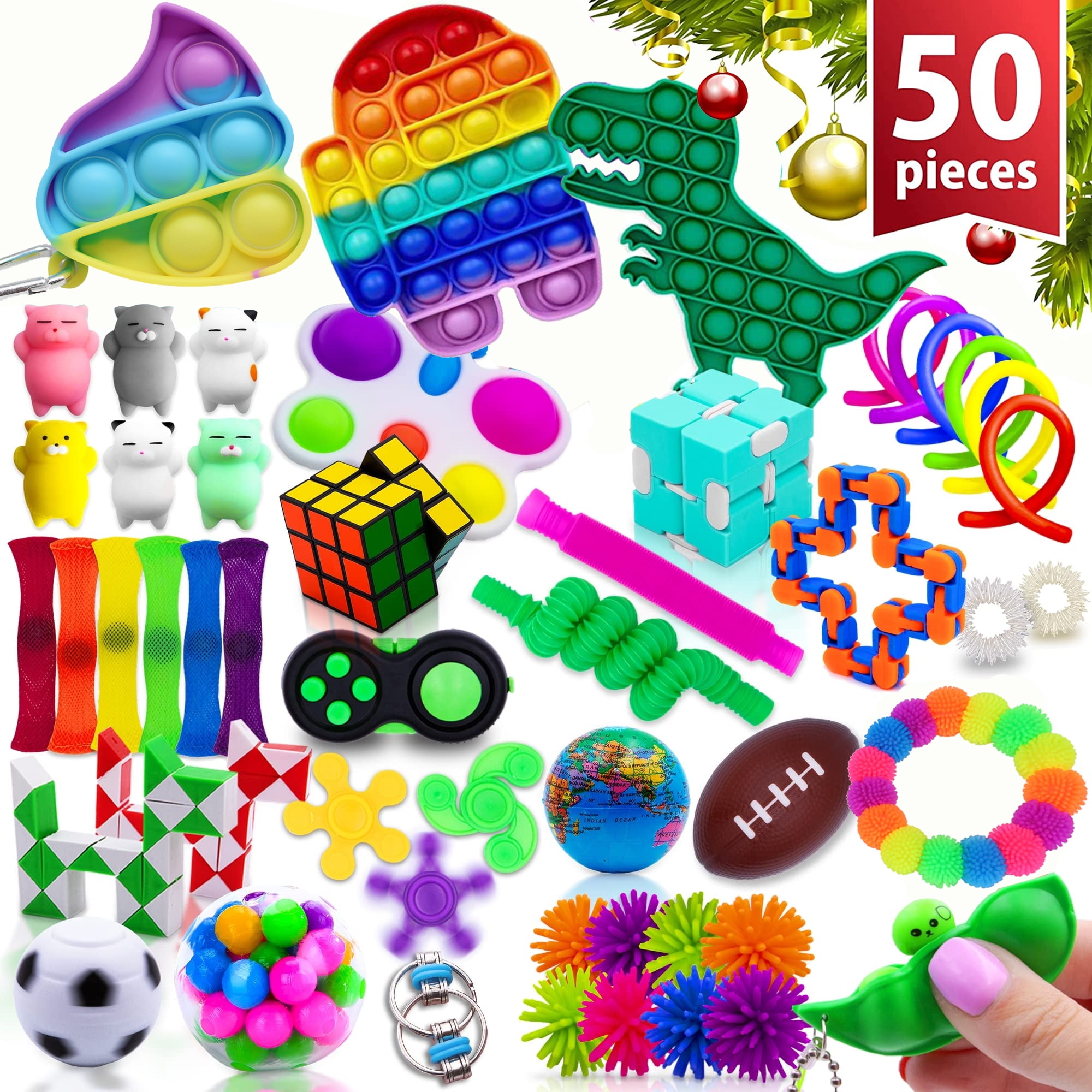 ADHD Fidget Toy 17 pcs Pea Popper Party Favors Fidget Pack Sensory Fidget Toys with Push Pop Infinity Cube Mochi Squish Pinata Goodie Bag Fillers Stress Anxiety Relieve Stretchy Noodles 