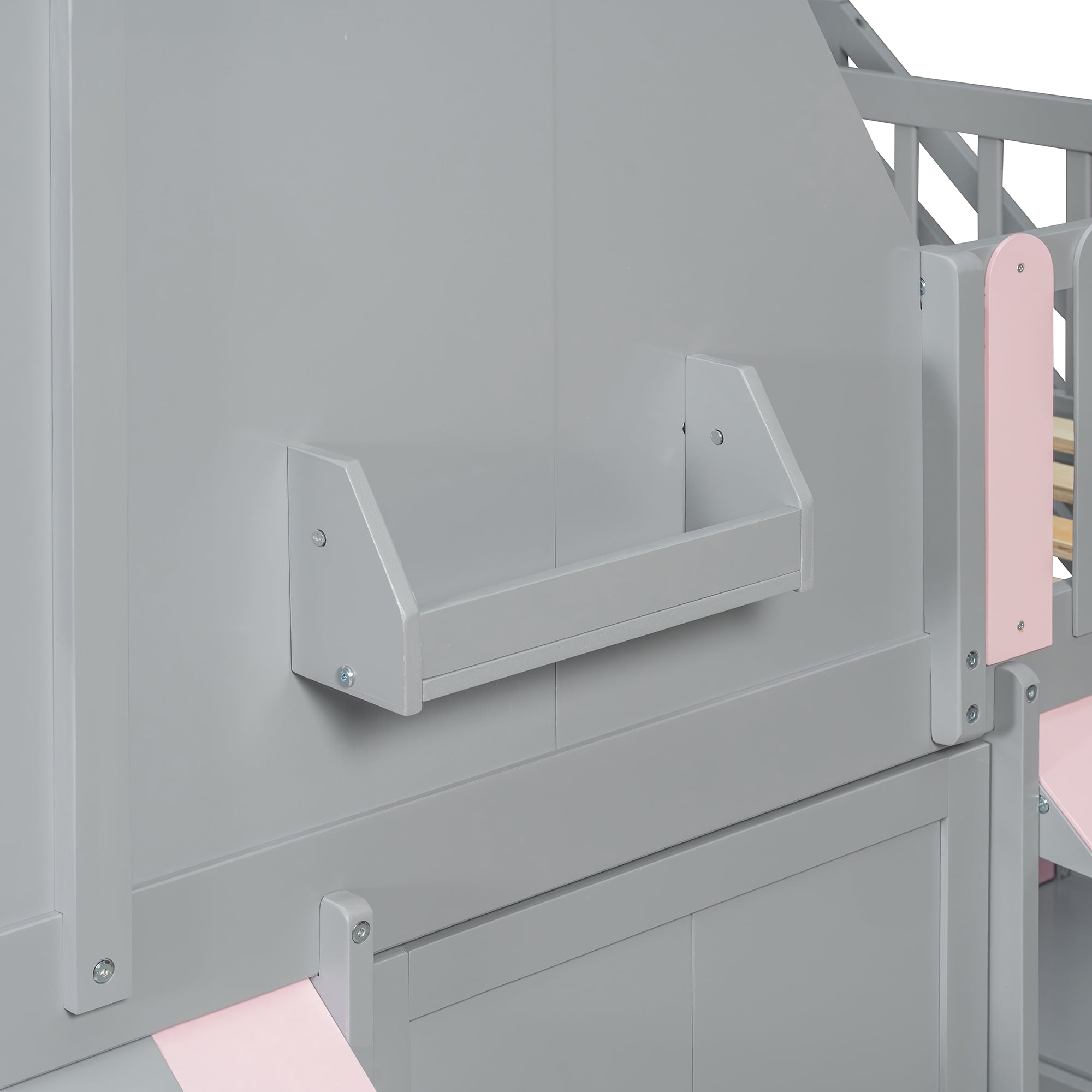 Leumius Full Over Full House Bunk Bed with Storage Staircase & Shelves, Wooden Kids Bunk Bed Frame with Playhouse Design, Roof & Door, Storage Steps and Open Shelving for Boys Girls Gray+Pink