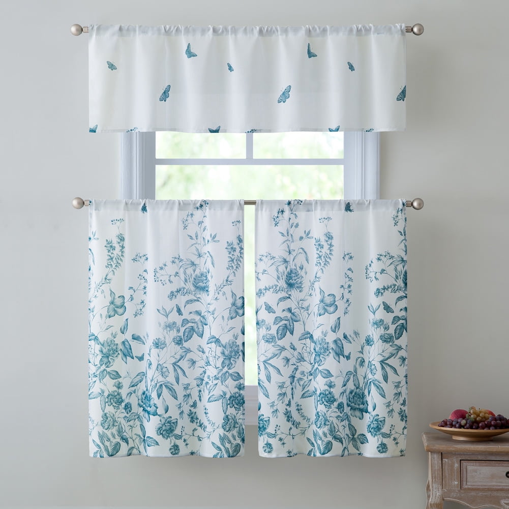 Estela 3Piece Kitchen Curtain Set, Teal, Valance 57x15 Inches Tiers