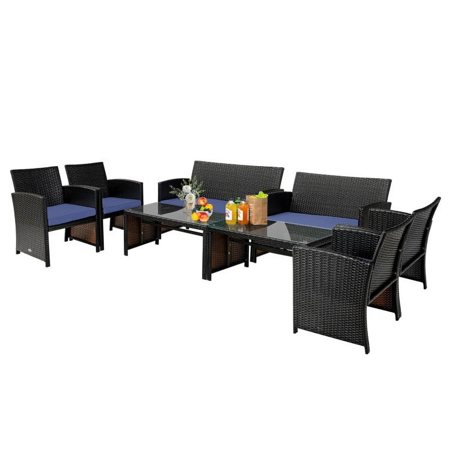 Aimee Lii 4 Pieces Wicker Patio Furniture Set, Coffee Table Cushioned Sofa, Modern Patio Furniture, Navy Aimee Lii 4 Pieces Wicker Patio Furniture Set, Coffee Table Cushioned Sofa, Modern Patio Furniture, Navy