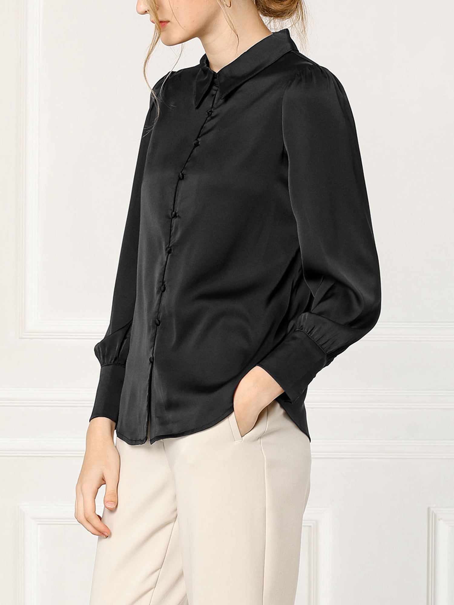 DARING DIVA Women's Satin Blouse Puff Long Sleeve Collared Button Down Shirt M Black