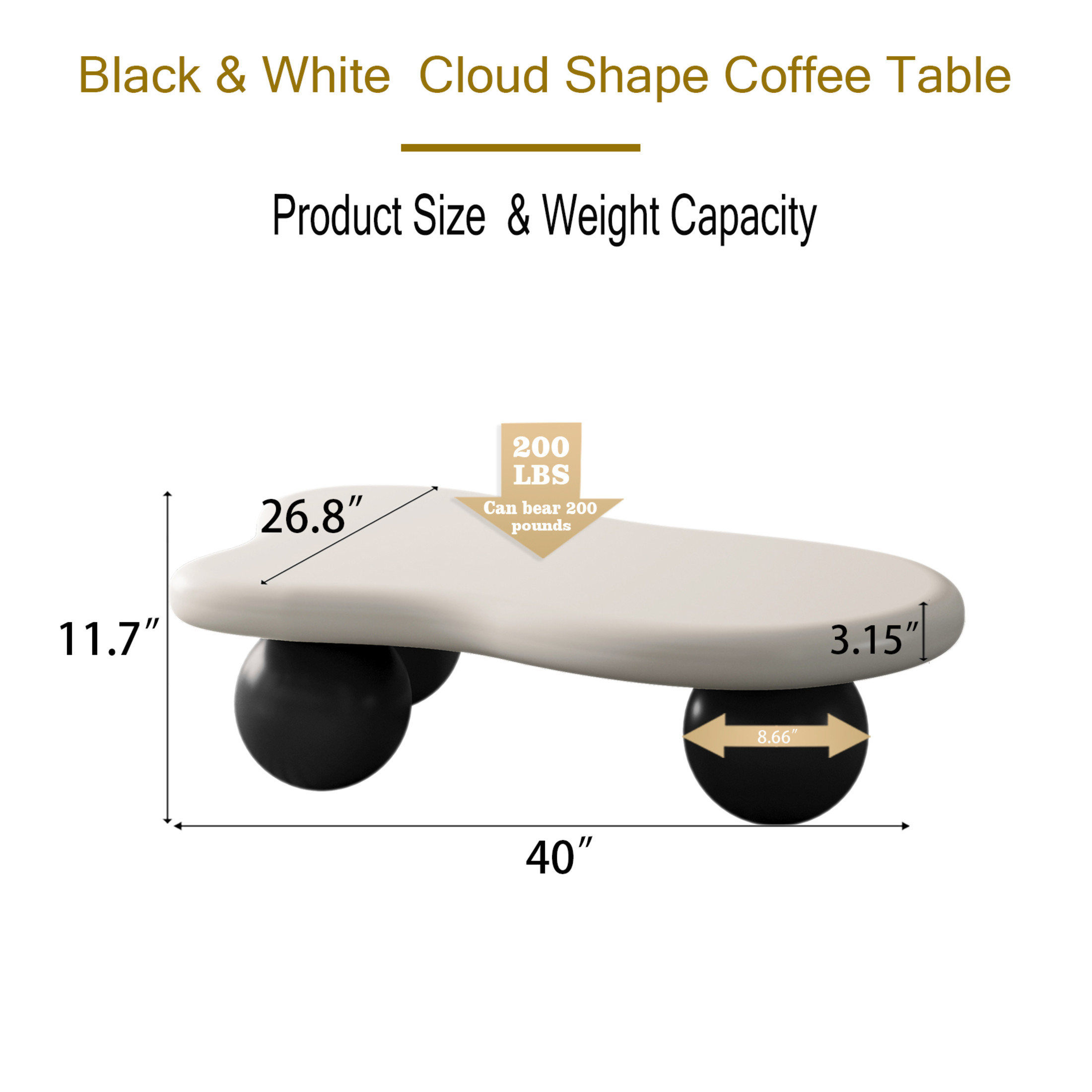 Noble House 40" Cloud Shaped Coffee Table with Ball Legs, Modern Aesthetic Accent Table for Living Room, White Top Black Legs
