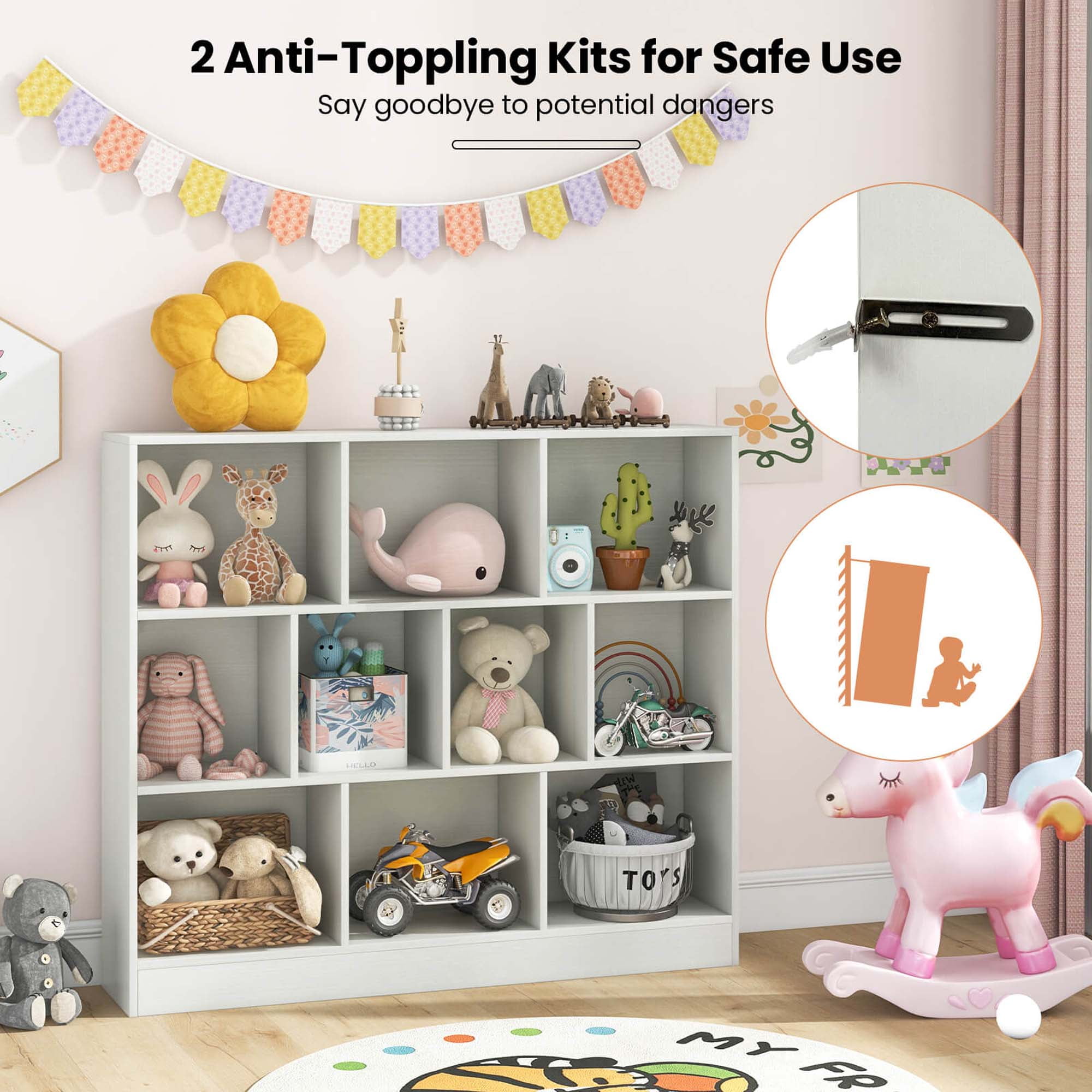 Costway 10-Cube Bookcase for Kids 41"Wooden Toy Storage Organizer for Kid’s Room White