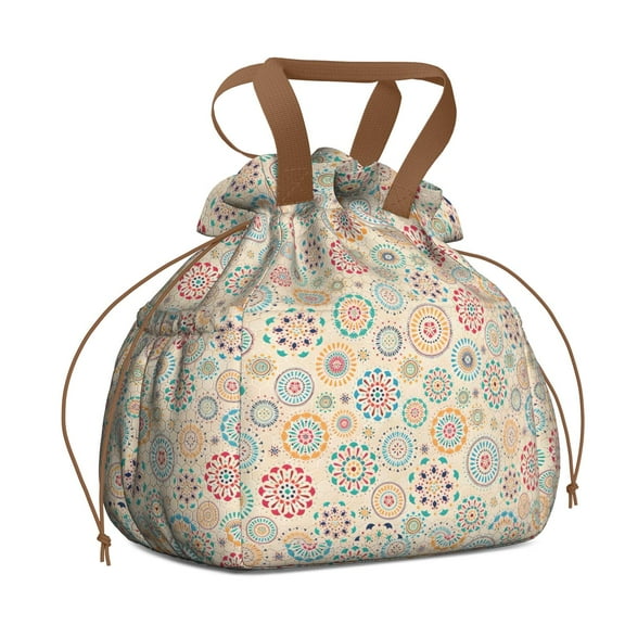Boho Bohemia Flower Drawstring Lunch Bag Women - Drawstring Lunch Bag Insulated for Work Office - Stain-Resistant Large Lunchbags for Women with Multi-Pockets
