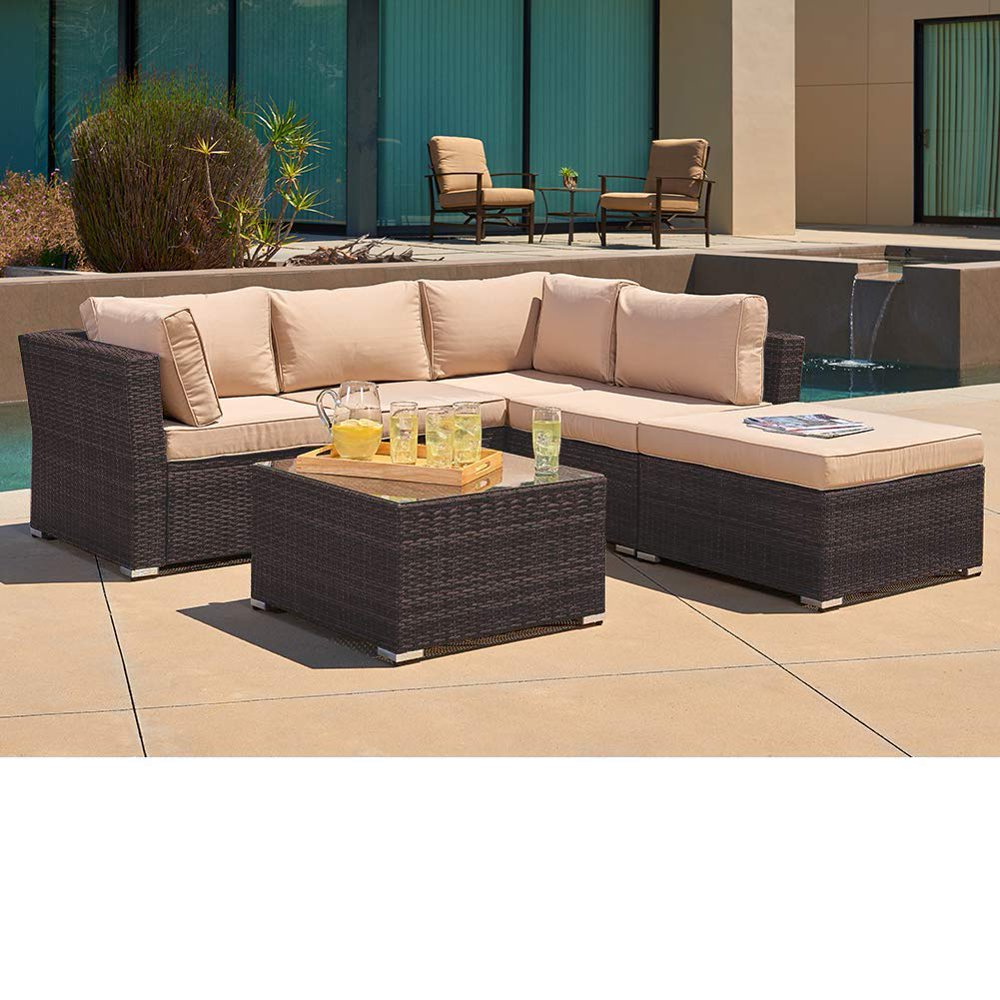 SUNCROWN Outdoor Furniture Sectional Sofa (4Piece Set) AllWeather Brown Checkered Wicker with