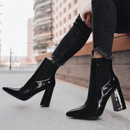

Juebong Christmas Deals European and American chunky heel zipper pointed boots 8 Black