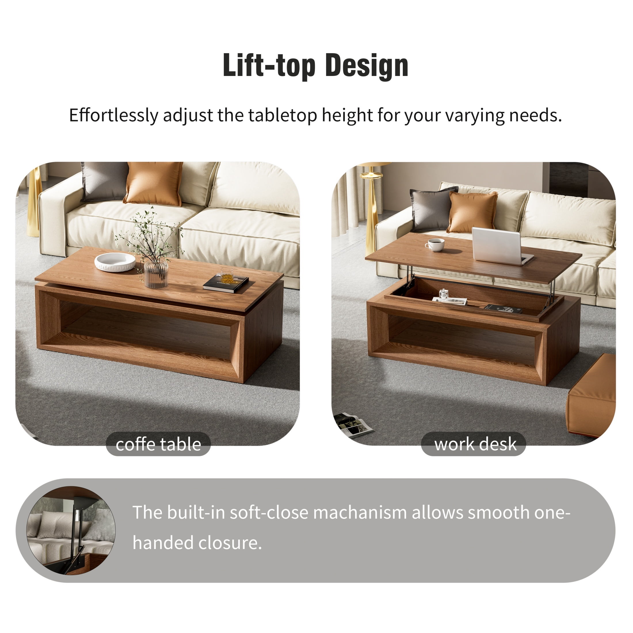 Lift-Top Adjustable Coffee Table with Hidden Storage, Solid Wood Veneered Modern End Table, Accent Cocktail Table