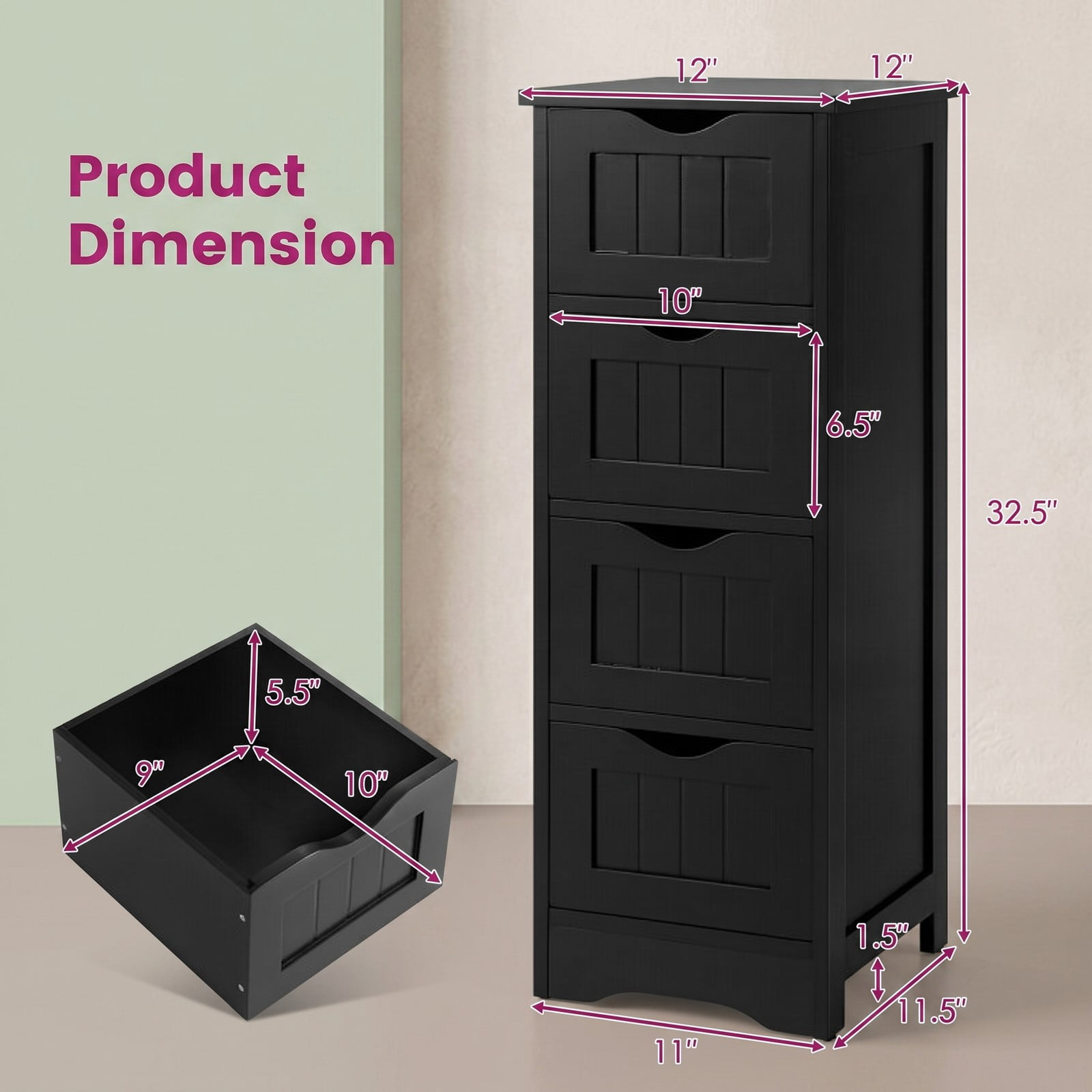 ALPULON 4-Drawer Freestanding Bathroom Floor Cabinet, Narrow MDF Storage Side Organizer with Anti-Toppling Device and Cut-Out Handles for Bathroom Living Room, Black