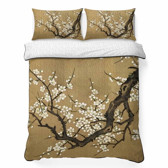 Quilts King Size Bedding Set, Plum Blossom Lightweight Quilted Comforter, Vintage Zen Flower Tree Branch Brown Floral Soft Reversible Bedspread Coverlet with Pillow Covers for All Season, 96" x 106"