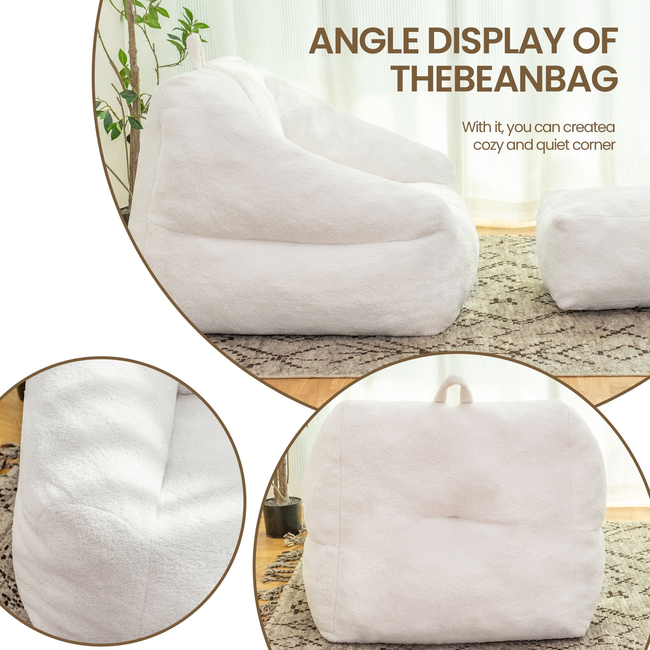Aukfa Bean Bag Chair with Ottoman, Soft Fluffy Teddy Upholstered Pouf with Foot Rest for Living Room, White