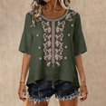 thumbnail image 2 of Vinsonshop Cotton Linen Embroidery Peasant Blouses for Women Crewneck Short Sleeve Floral Shirts Casual Flowy Tunic Lightweight Loose Fit Basic Summer Everyday Clothes Green XXL, 2 of 5