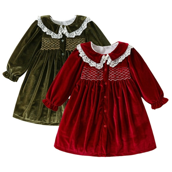 Esaierr Baby Girls Velvet Dress for Kids Long-Sleeve Topslace Trim Princess Dresses Skirt Clothes Fall Winter Weekly Dress Christmas Party Gown 9 Months - 6 Years