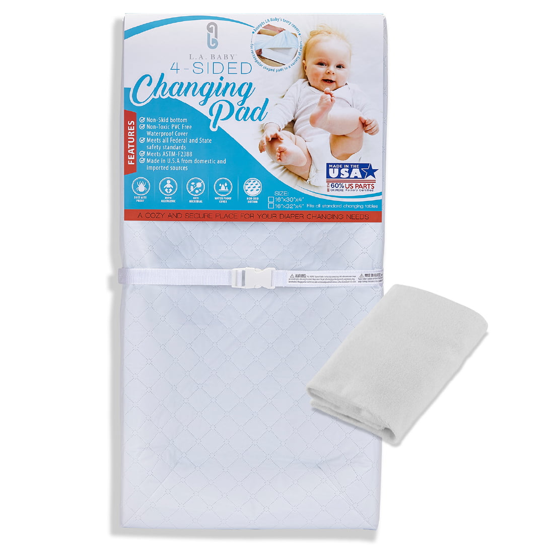 LA Baby 4 Sided Changing Pad with Organic Cotton Layer 30"L x 16"W x 4"H 