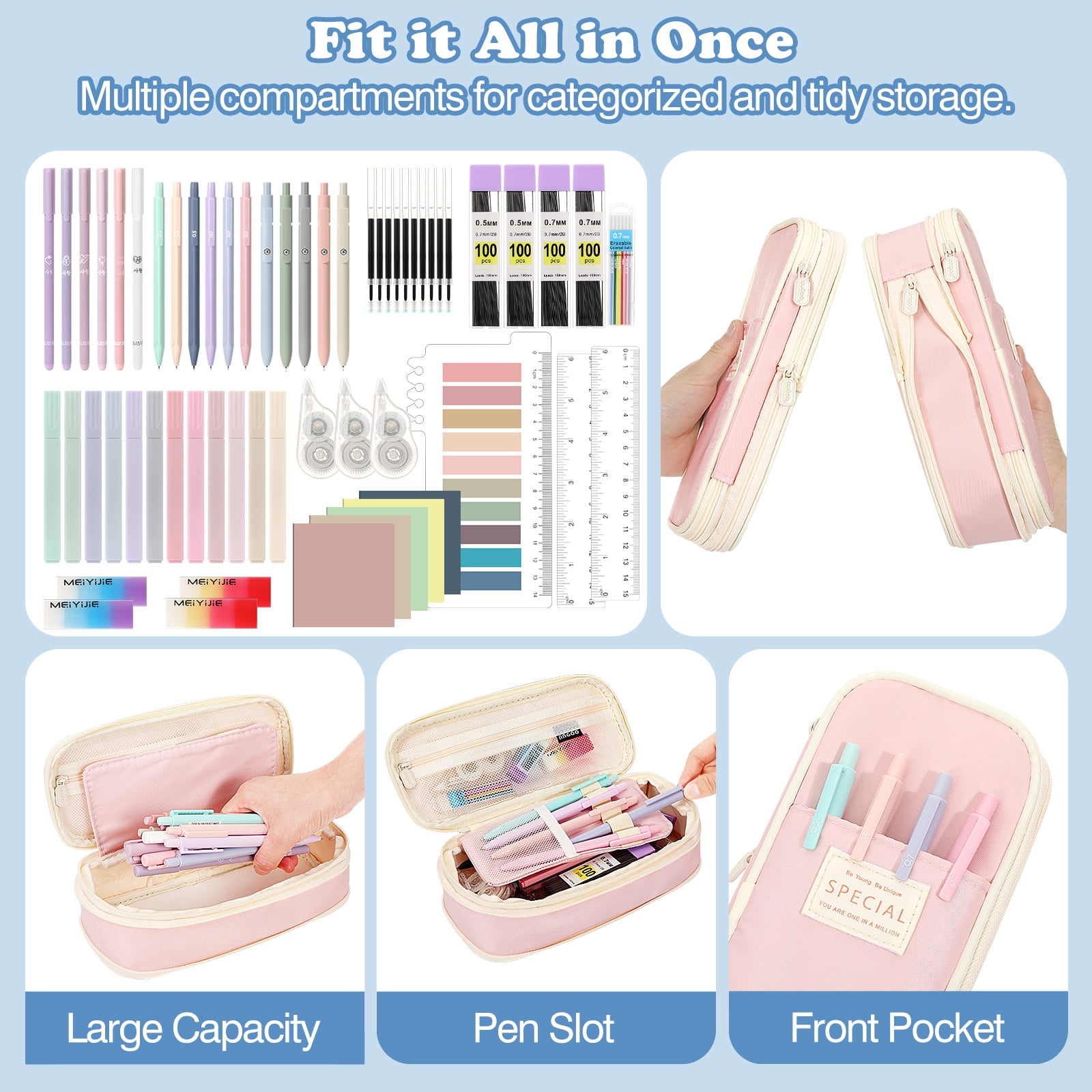 MoKo 60Pcs Aesthetic School Supplies with Pencil Case for Students Stationary College Essentials, Pink