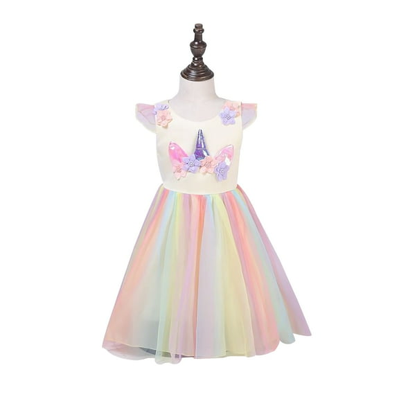 KAWELL Girls Unicorn Princess Dress Flower Rainbow Tulle Dress Party Dress for 3-8 Years Old