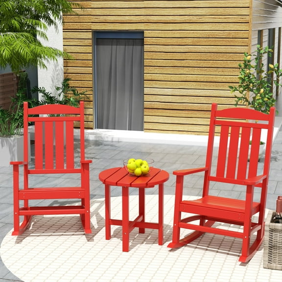 Garden 3-Piece Set Classic Plastic Adirondack Porch Rocking Chair with Round Side Table Included, Red