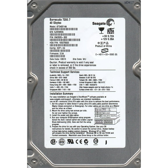 ST340014A, PN 9W2005-302, FW 3.54, Seagate 40GB IDE 3.5 Hard Drive