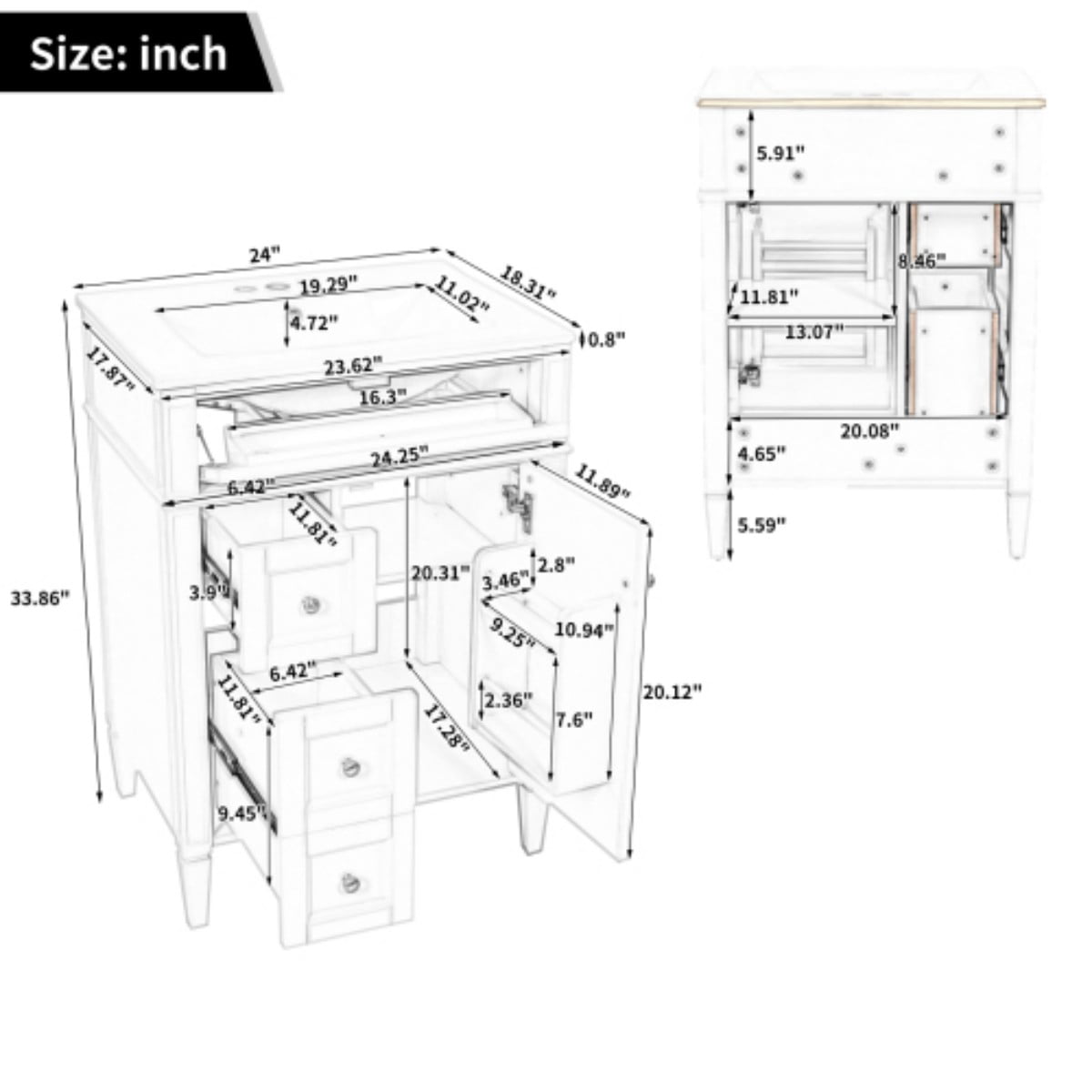 24" Bathroom Vanity with Sink, Modern Freestanding Bathroom Vanity Cabinet with Ceramic Sink, 3 Drawers & Tip-Out Drawer, Adjustable Shelf, Green Storage Cabinet, Black
