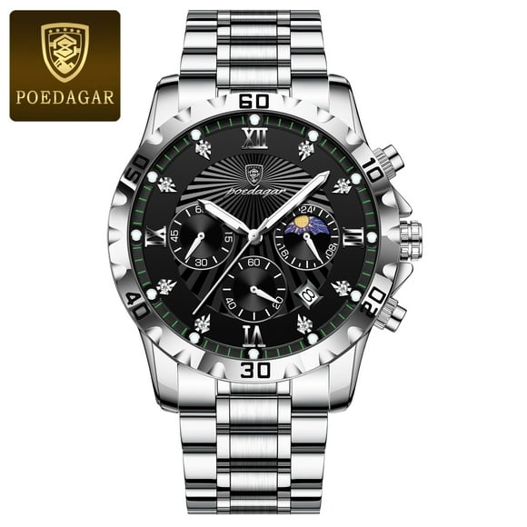 POEDAGAR Watch For Men Waterproof Luminous Chronograph Date Stainless Steel Quartz Male Watches