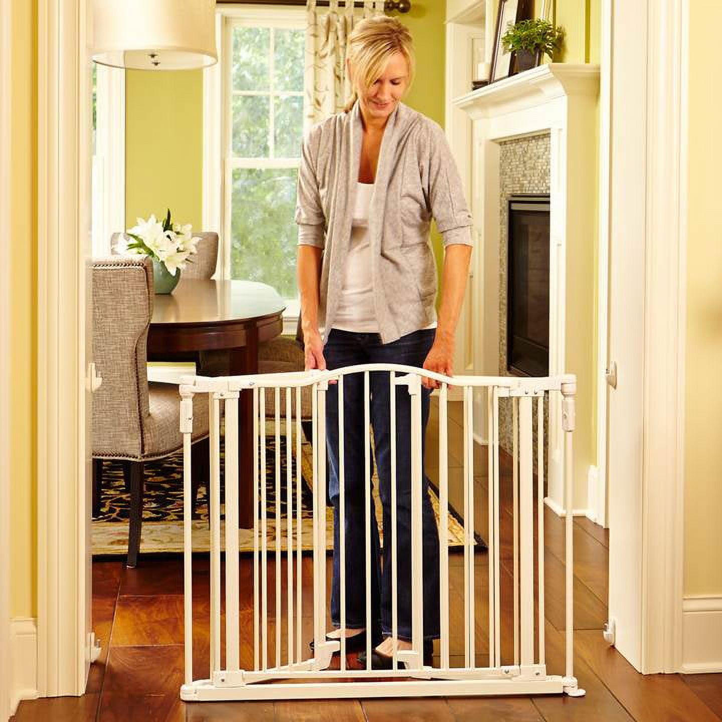 North States 72 Wide Deluxe DA cor Baby Gate Provides safety in extra wide spaces with added one hand functionality. Hardware mount. Fits 38.3 72 wide 30 tall Soft White Walmart