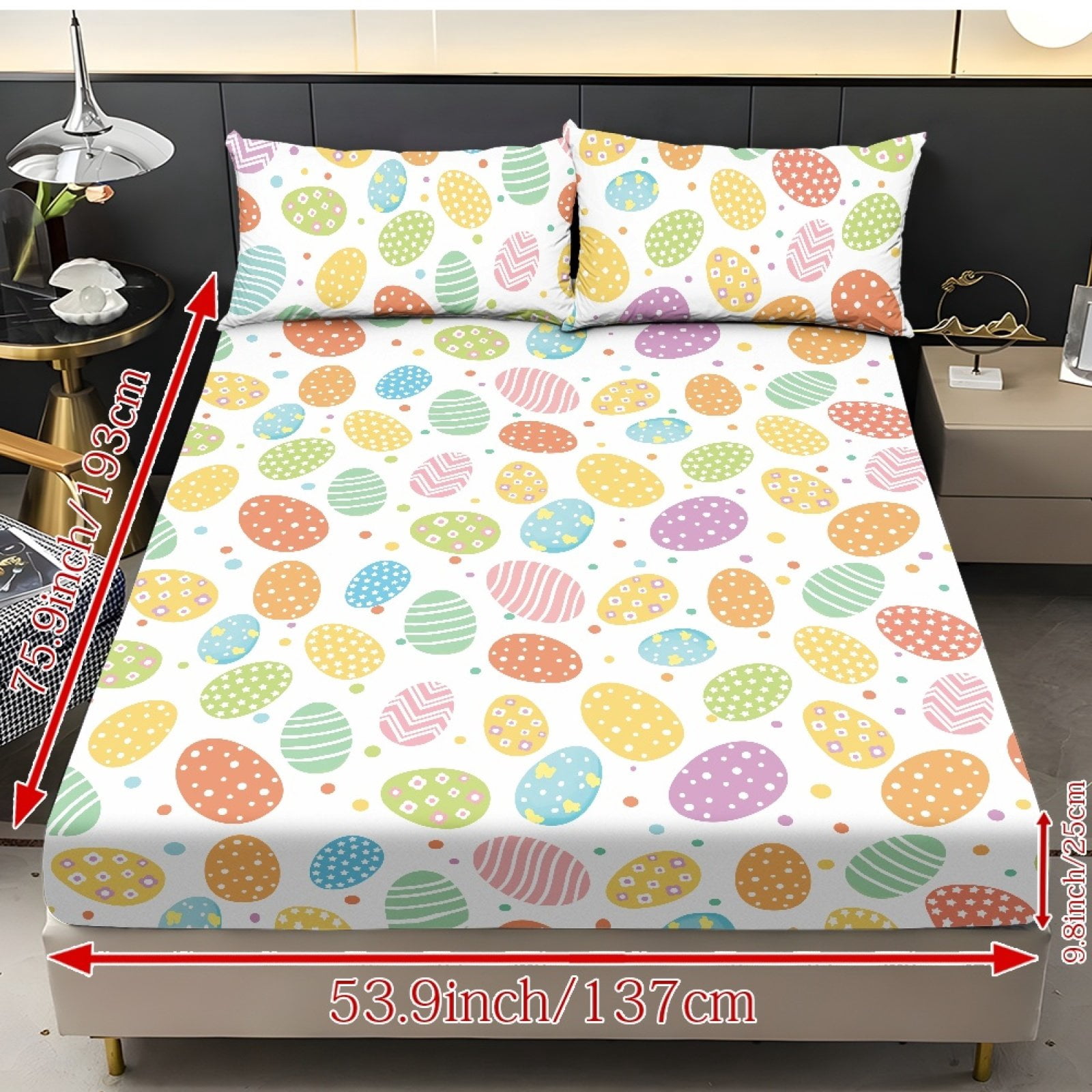 COEQINE Full Size Sheet Set Comfy Easy Care 3 Pieces Bedding Set Include 1 Fitted Sheet & 2 Pillowcases, All Around Elastic Fitted for Women Men, Colorful Easter Egg