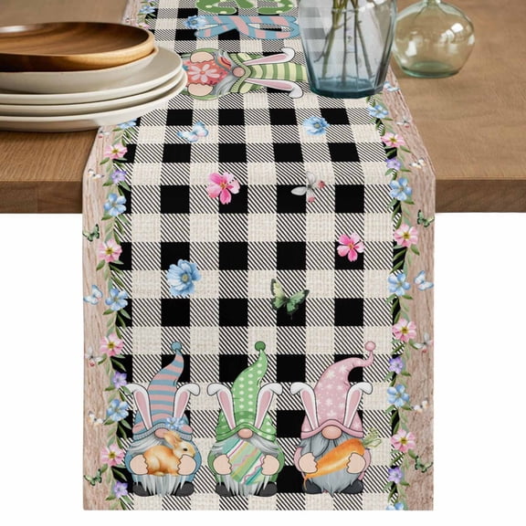 Table Runner 72 Inches Long for Kitchen Dining, Easter Dresser Scarf Farmhouse, Dining Table Decorations for Wedding/Parties, Vintage Gnomes Bunny Eggs Black Buffalo Plaid 16 x 72 In