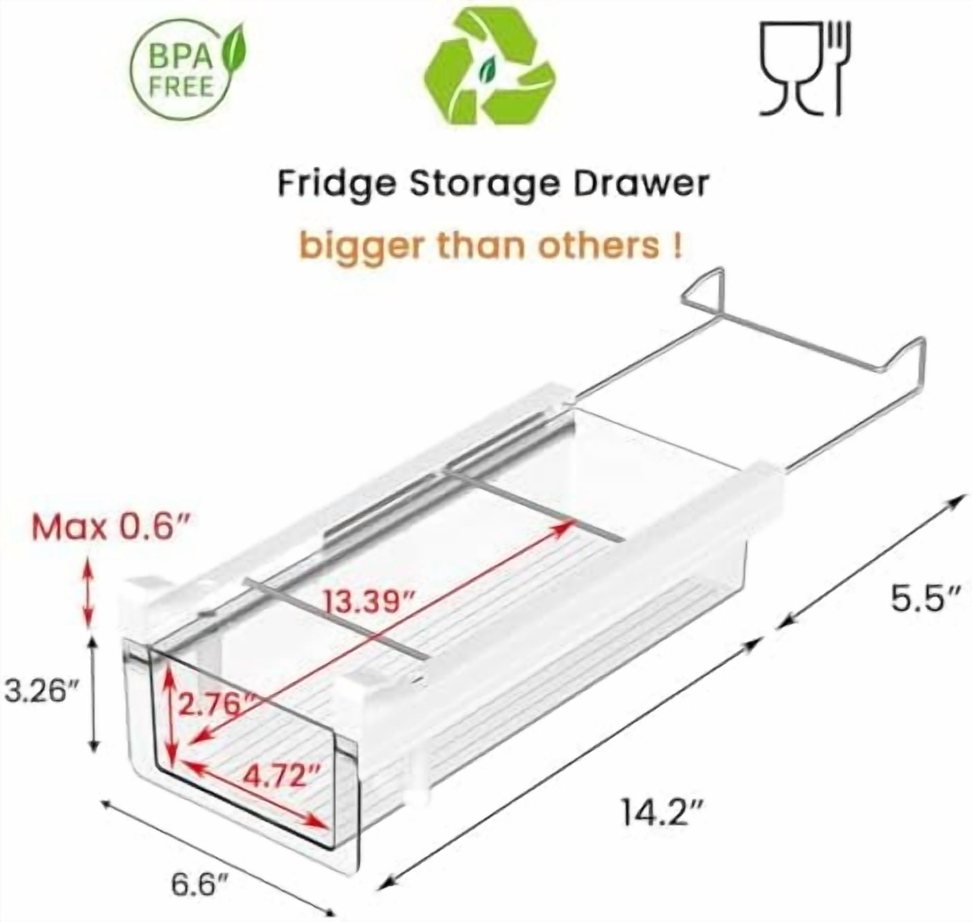 Fridge Organizer Drawer, Clear Plastic Fridge Organizer Bins, Add on Refrigerator Drawer,Fridge Storage Container Under Shelf Holder for Fruit, Vegetable, Meat, Cheese, Easy to Install-M
