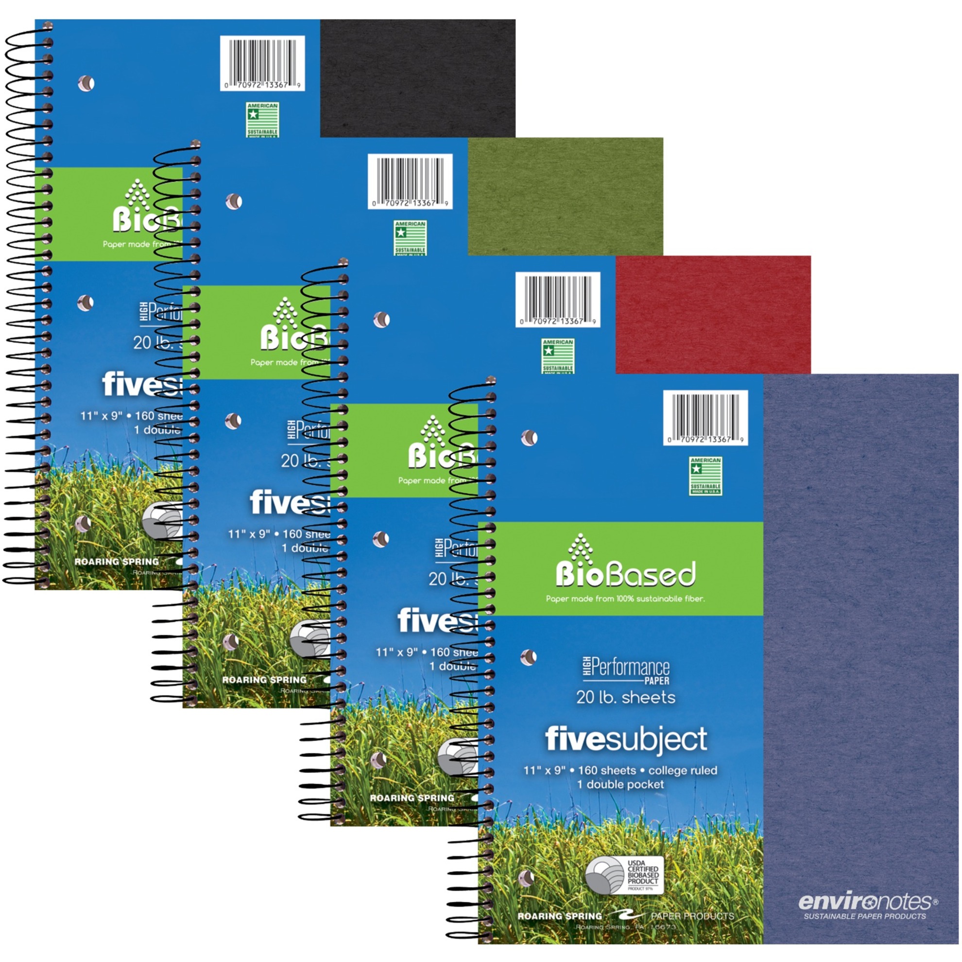 Roaring Spring Environotes College Ruled 5 Subject Recycled Spiral Notebook, 1 Case (12 Total), 11" x 9" 160 Sheets, Assorted Earthtone Covers