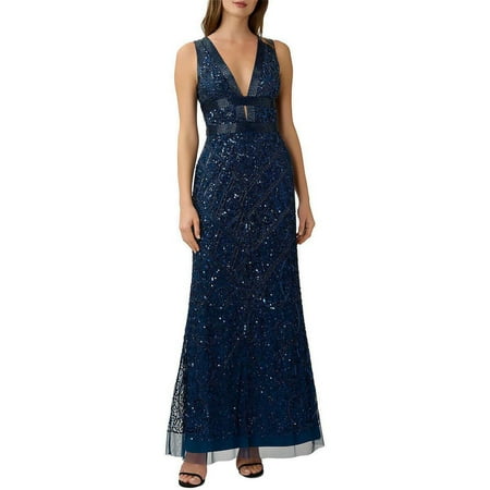 Adrianna Papell Beaded V Neck Long Gown