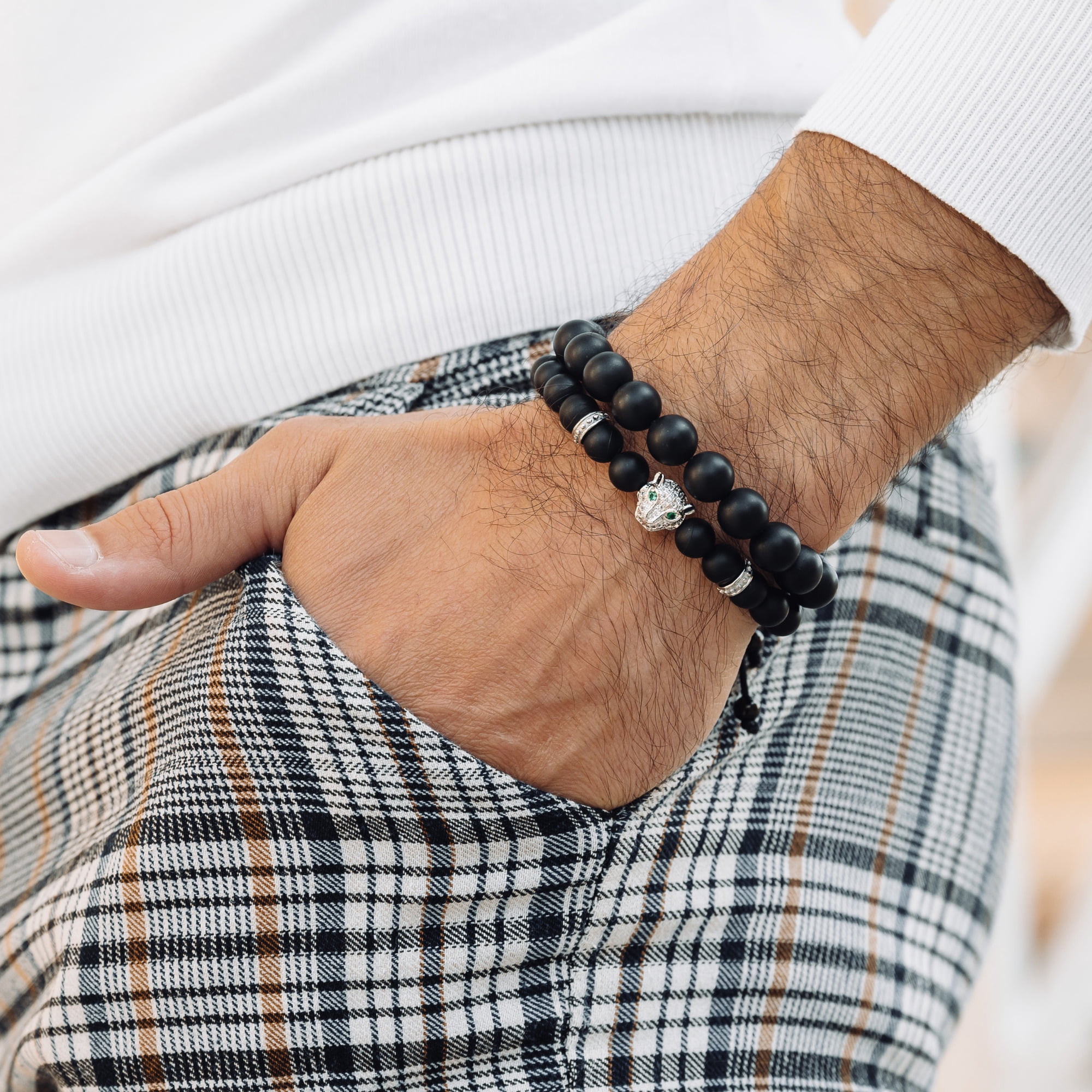 Men's BLACK ONYX Bracelet with Silver LEOPARD Head | Gift for Men | One Size Fits All | 100% Natural | Gemstone Adjustable Bracelet