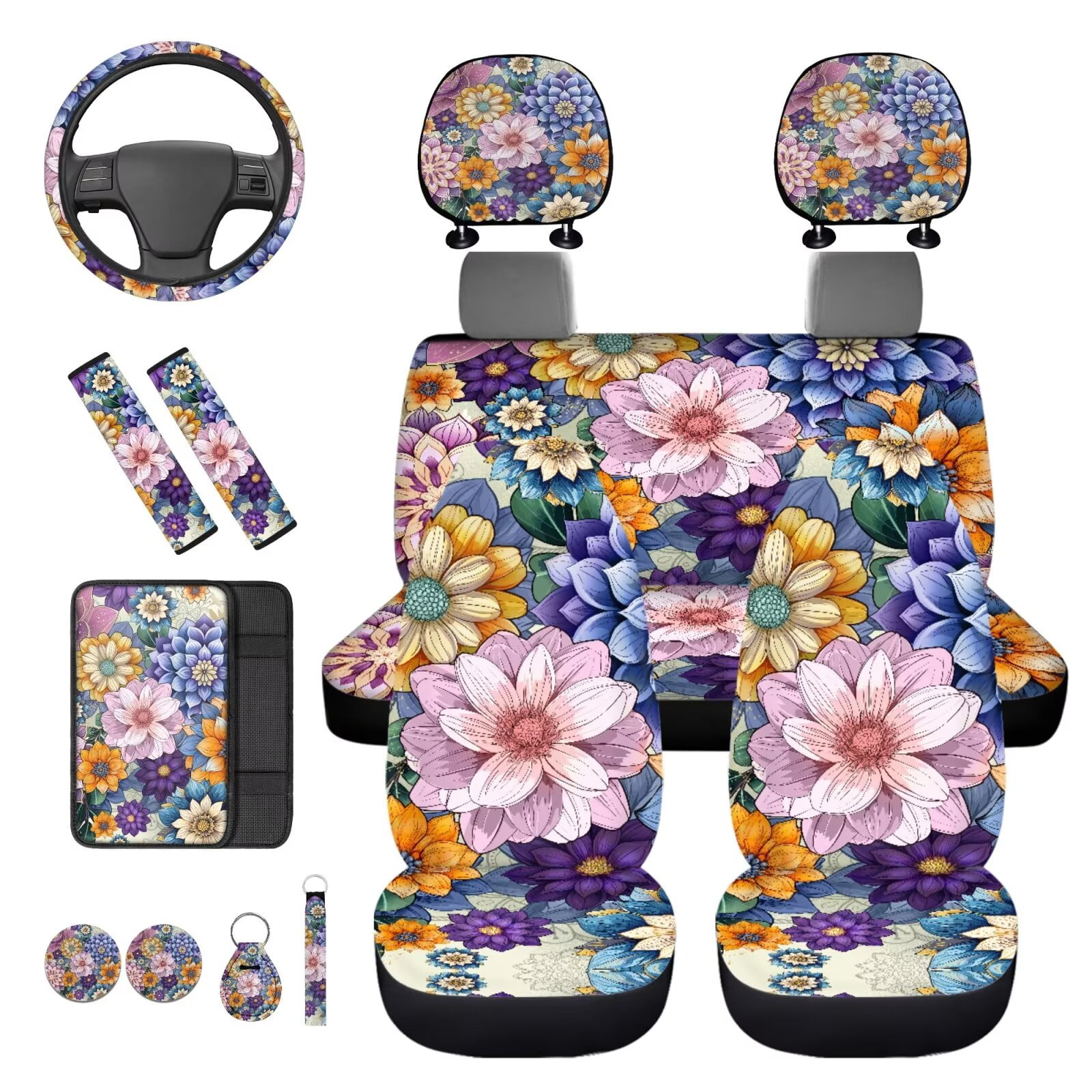 HUIACONG Floral Car Seat Covers Full Set for Women Boho Car Accessories Steering Wheel Cover Seatbelt Covers Coasters Armrest Covers Headrest Covers Keychain,14 Pcs,Universal Fit