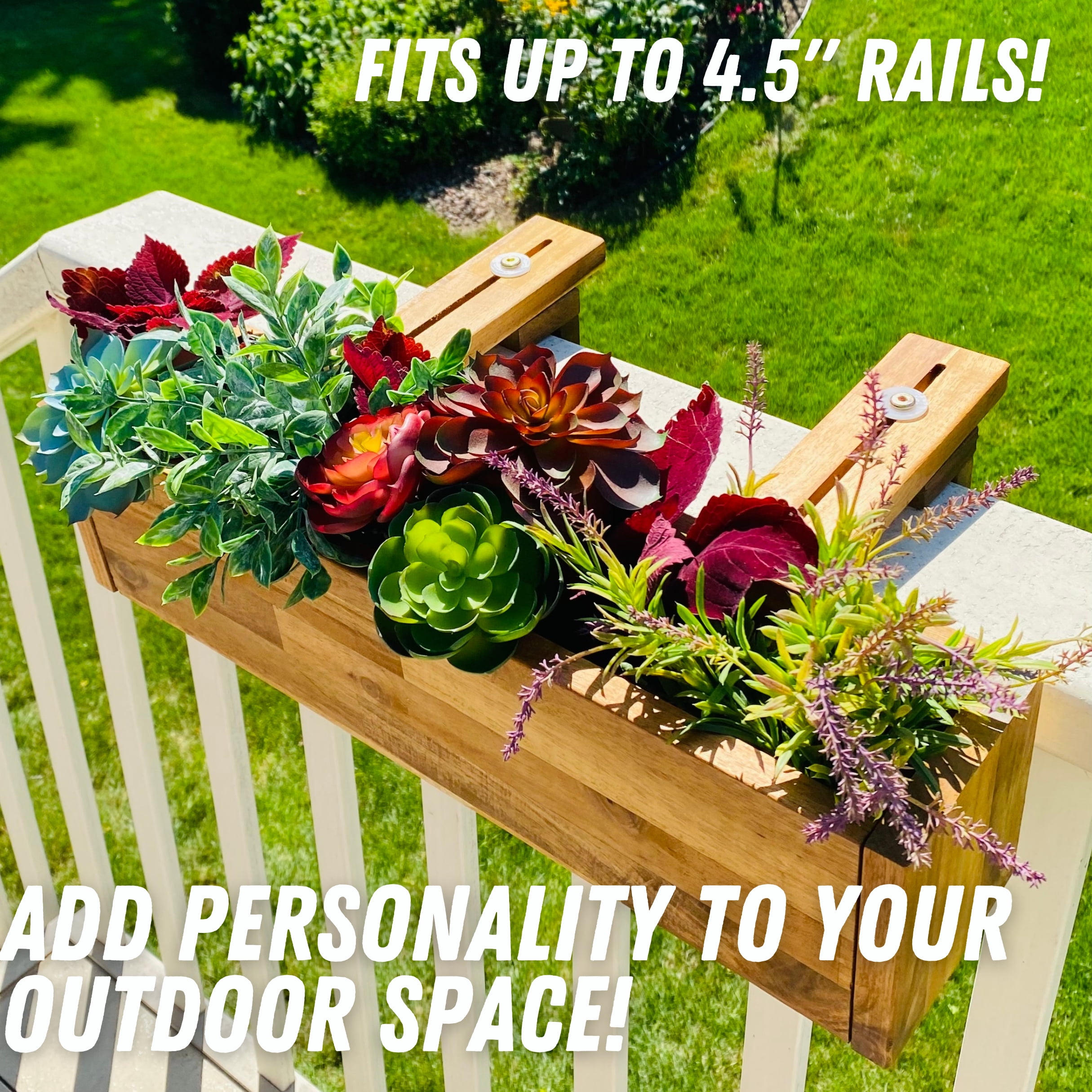 Acacia Wood Balcony Railing Planter, Outdoor Hanging Flower, Plant, & Herb Box, 20 inch Long x 4.5 inch Wide x 5 inch High by Patio Wise